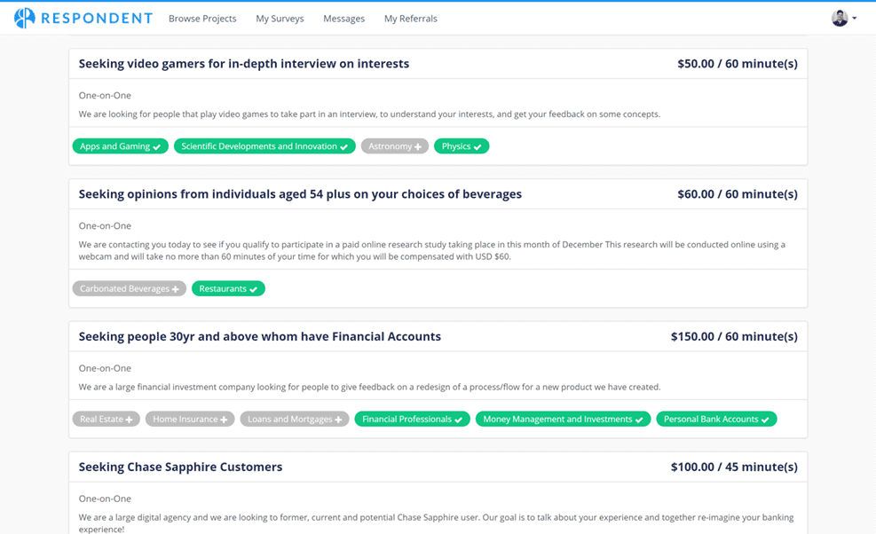 Screenshot of a surveys page on the Respondent website.