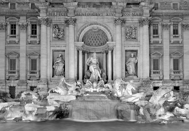 Trevi Fountain at night in black and white.
