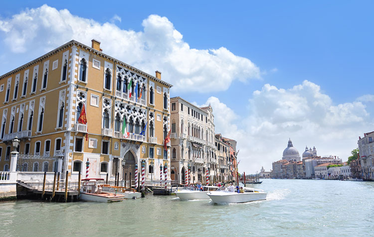 Sights and landmarks along the Grand Canal in Venice.