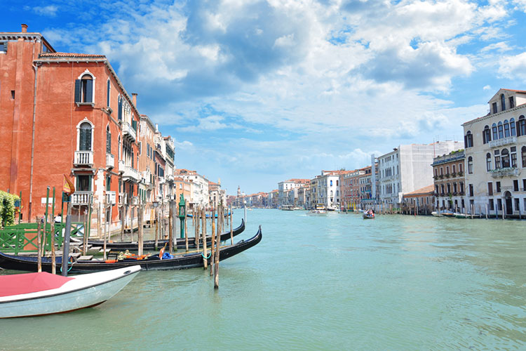 Gondolas moored along the Grand Canal.