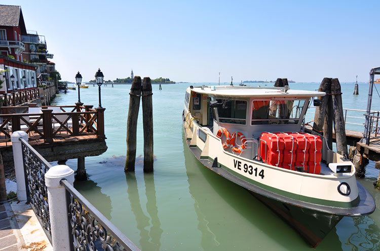 A vaporetto, or public ferry, at the island of Lido in Venice, Italy.