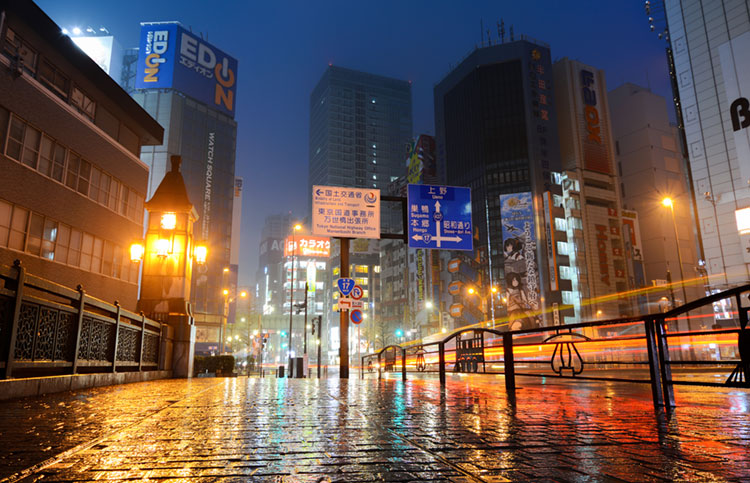 Night view of Tokyo's Akihabara shopping district and otaku cultural center.
