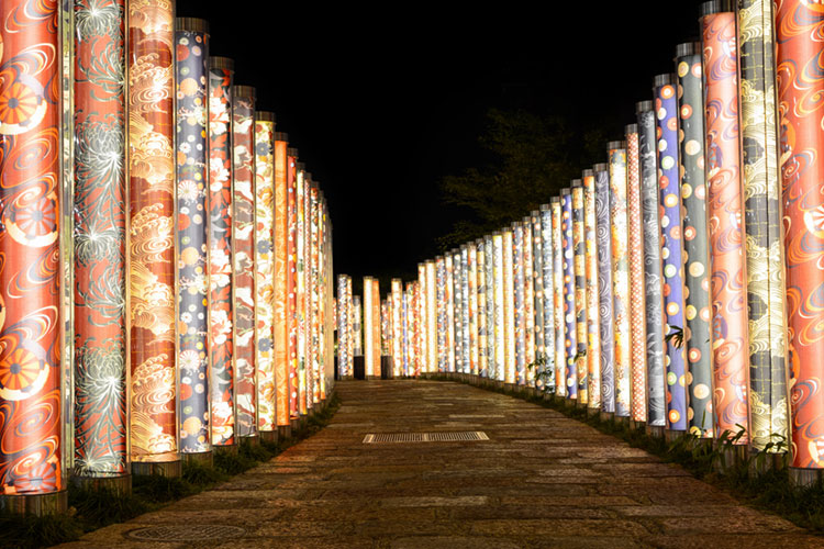 Kimono Forest illuminated at Randen Arashiyama Station.