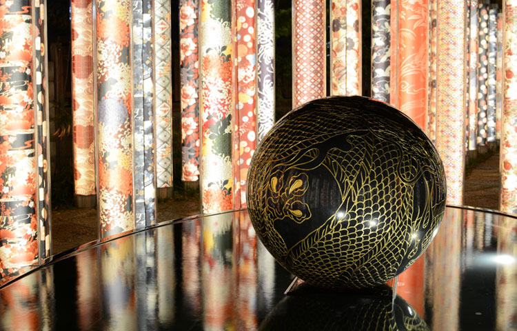 Pond of the Dragon at the Kimono Forest in Randen Arashiyama Station.