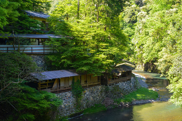 Terrace restaurants overlooking the river in Takao.