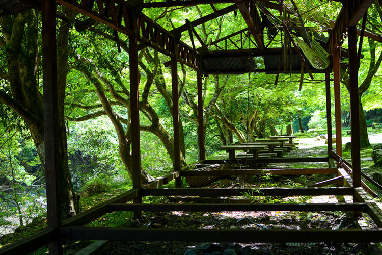 Rest area and ruin of an old building along the Kiyotaki to Takao Trail.