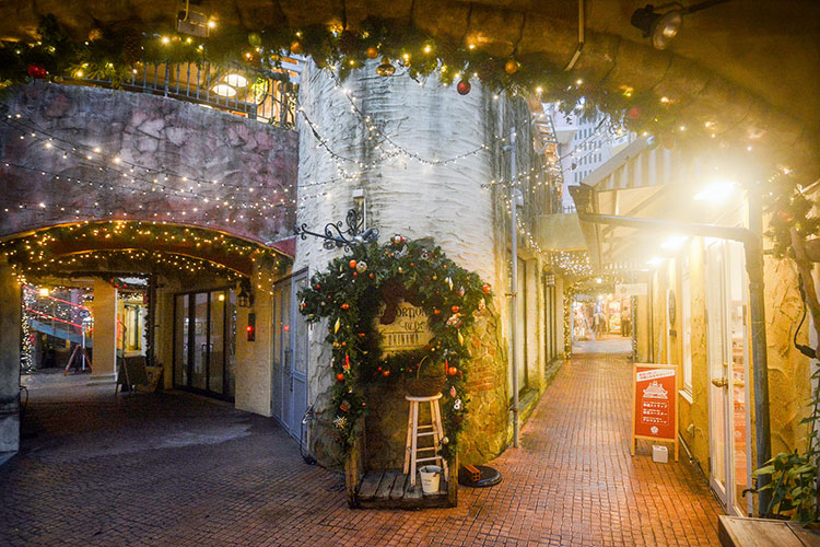 Alleys at Depot Island decorated for Christmas in Mihama American Village.