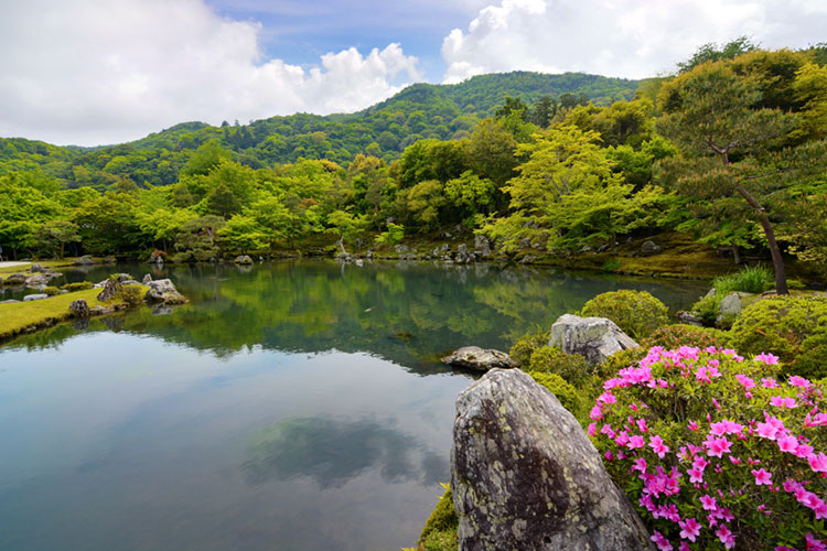 Tranquil landscape at Tenryuu Temple in the Arashiyama area of Kyoto.