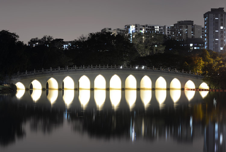 Night view of White Rainbow Bridge at Chinese Garden.