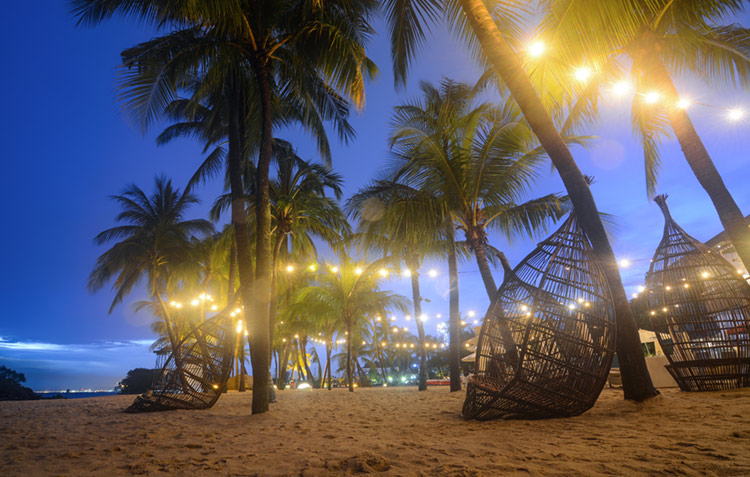 Palm trees and beach chairs on Siloso Beach at night.