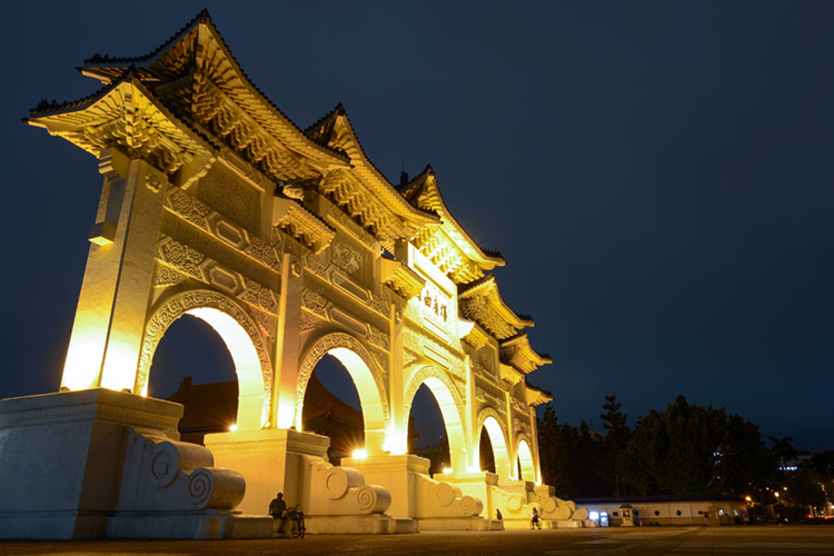 Night lighting on the five arches of the Gate of Integrity at Liberty Square.
