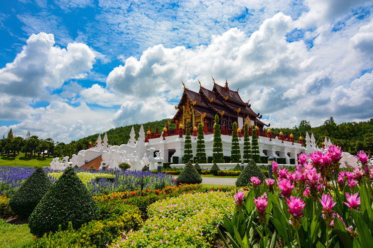 Beautiful flowers in front of the Pavilion at Royal Park Rajapruek.