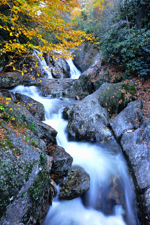 Long-exposure of Sunburst Falls on Lake Logan Road in the Blue Ridge Mountains.