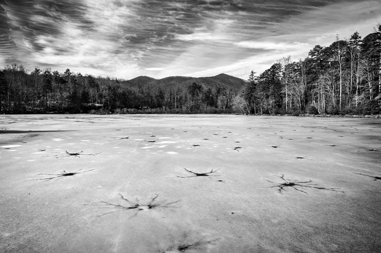 Black and white of Lake Powhatan frozen in winter.